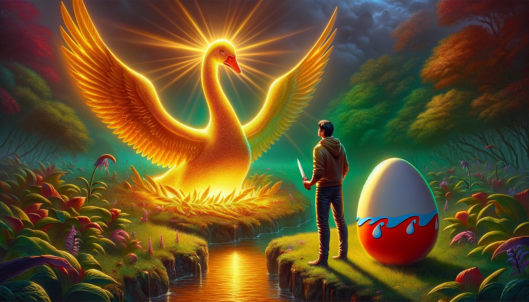 Killing the golden goose for pennies — Golden goose glowing in a field beside a young man holding a knife and a large egg - killing the golden goose for pennies. [no text in image - description]