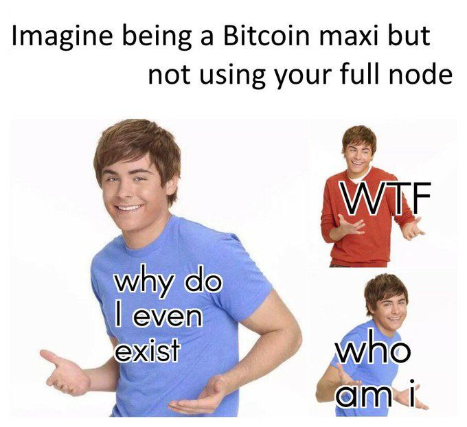 Bitcoin maxi and no node? — Imagine being a Bitcoin maxi but not using your full node
WTF
Why do I even exist
Who am I