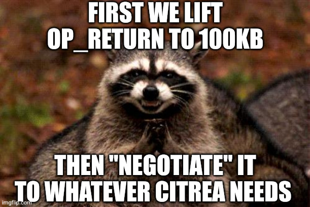 100kb op return — First we lift op_return to 100kb then negotiate it to whatever citrea needs