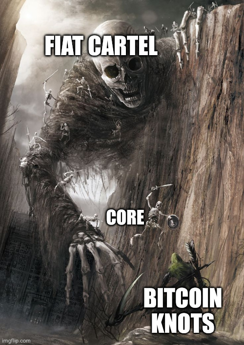 Knots vs the fiat cartel & Core — Fiat cartel. Core. Bitcoin Knots.