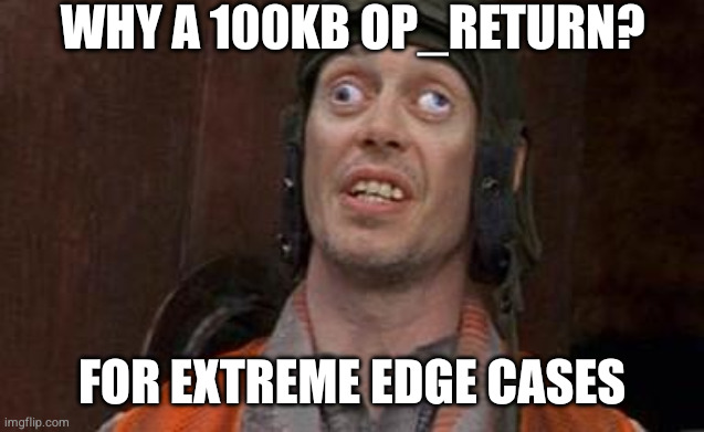 100kb OP_RETURN for extreme edge cases — Why a 100kb OP_RETURN? For extreme edge cases.