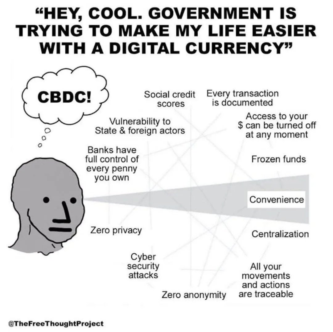 CBDC Risks — "HEY, COOL. GOVERNMENT IS TRYING TO MAKE MY LIFE EASIER WITH A DIGITAL CURRENCY"

CBDC!
Social credit scores
Every transaction is documented
Access to your $ can be turned off at …