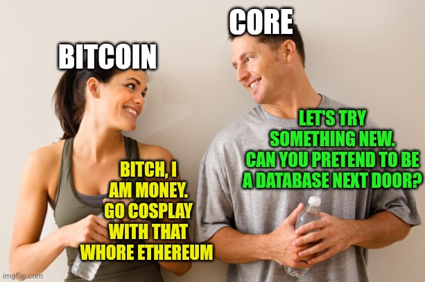 Bitcoin vs. Ethereum: Cosplay or Database? — BITCOIN
BITCH, I AM MONEY.
GO COSPLAY WITH THAT
WHORE ETHEREUM
CORE
LET'S TRY
SOMETHING NEW.
CAN YOU PRETEND TO BE
A DATABASE NEXT DOOR?