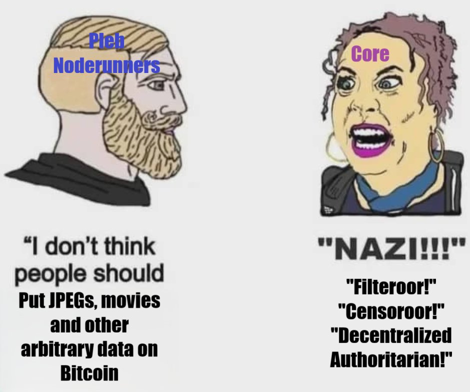 Bitcoin Core vs. Pleb — Pleb
Noderunners
"I don't think people should Put JPEGs, movies and other arbitrary data on Bitcoin
Core
"NAZI!!!"
"Filteroor!"
"Censoroor!"
"Decentralized Authoritarian!"