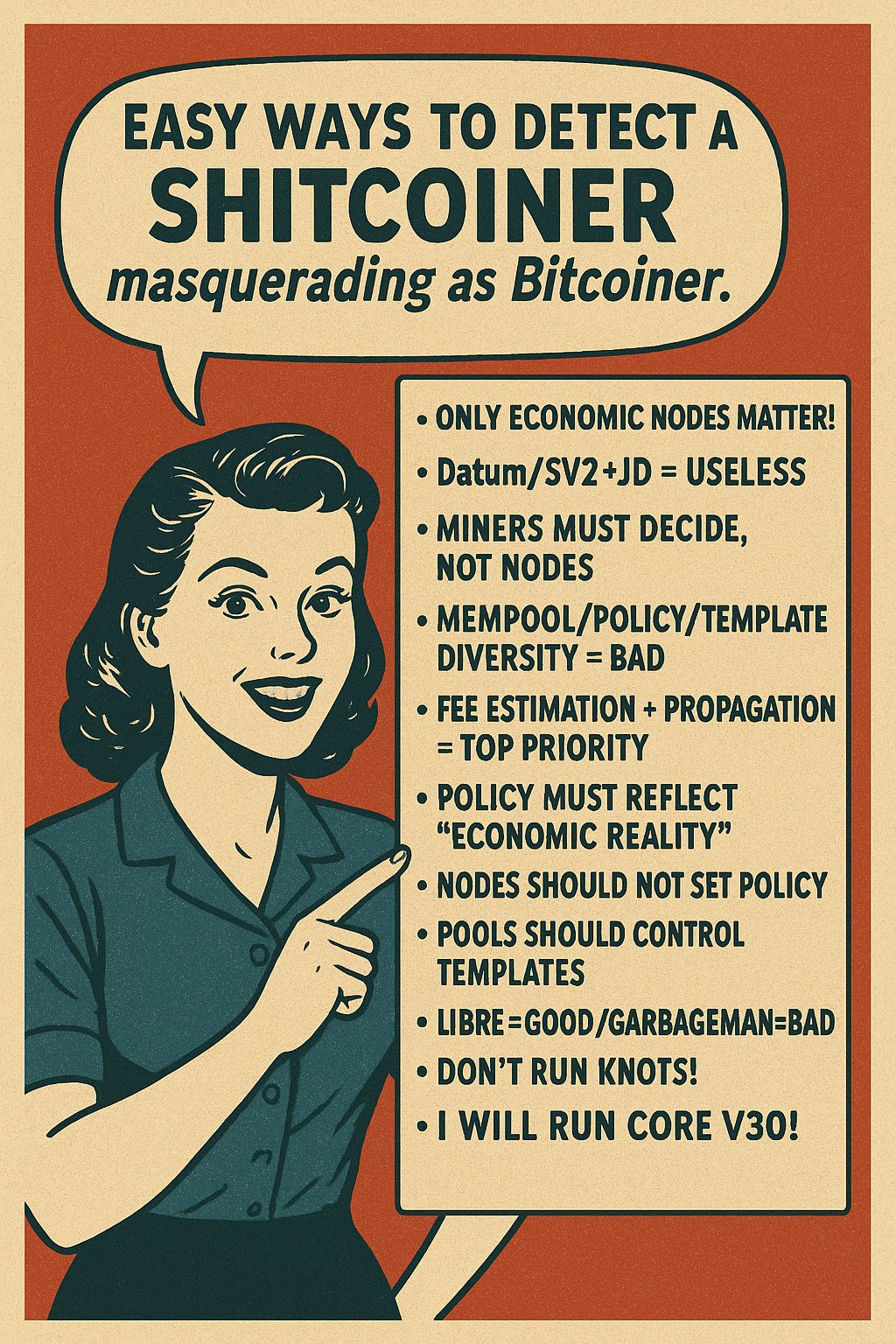 Detecting a Shitcoiner — EASY WAYS TO DETECT A SHITCOINER masquerading as Bitcoiner.

ONLY ECONOMIC NODES MATTER!
Datum/SV2+JD = USELESS
MINERS MUST DECIDE, NOT NODES
MEMPOOL/Policy/TEMPLATE DIVERSITY = B…