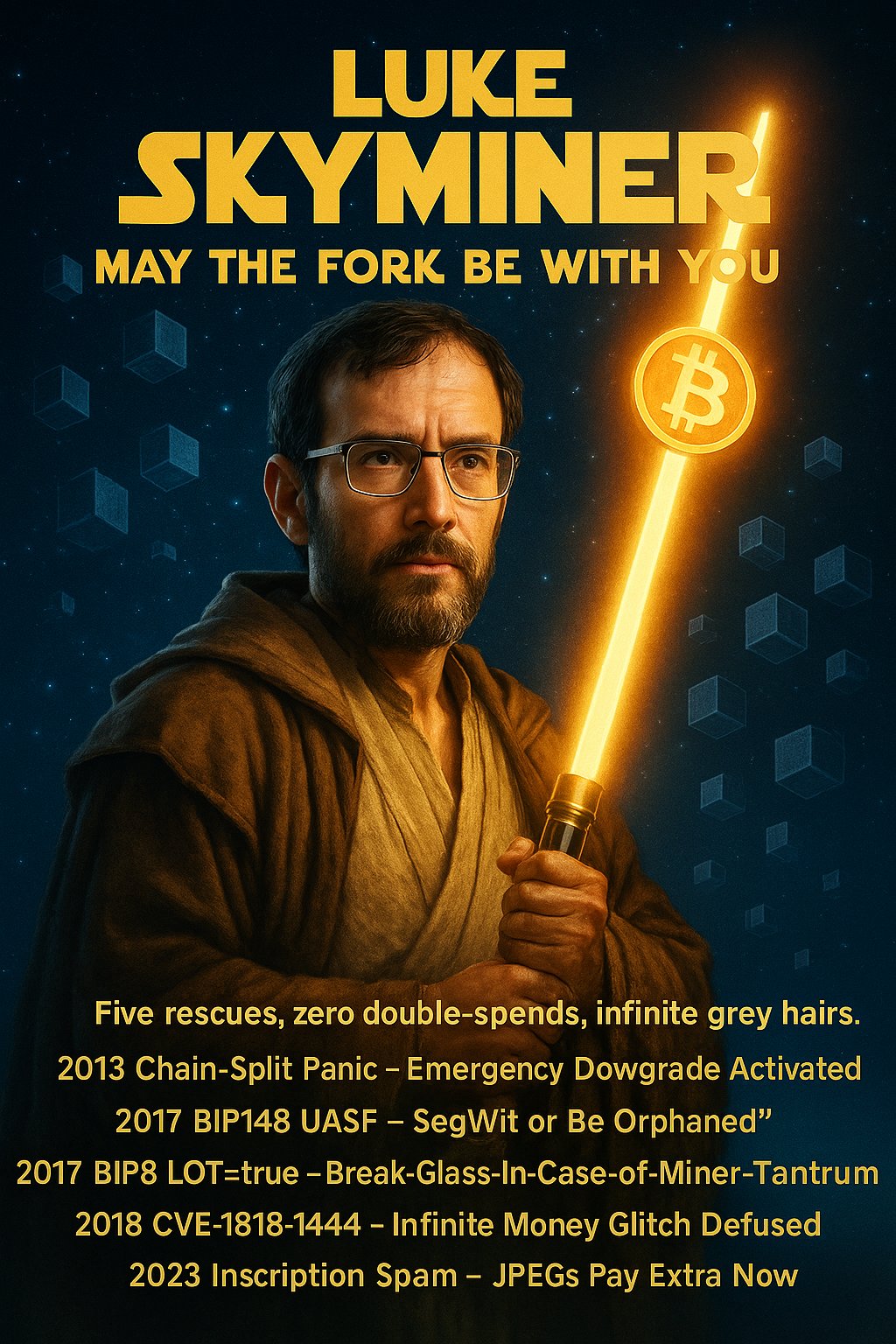 May the Fork Be With You — LUKE SKYMINER
MAY THE FORK BE WITH YOU
Five rescues, zero double-spends, infinite grey hairs.
2013 Chain-Split Panic – Emergency Dowgrade Activated
2017 BIP148 UASF – SegWit or Be…