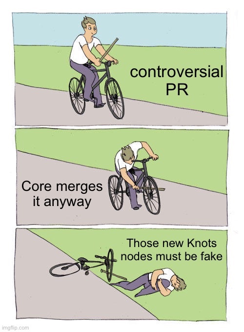 Knots Nodes are Fake — controversial PR
Core merges it anyway
Those new Knots nodes must be fake