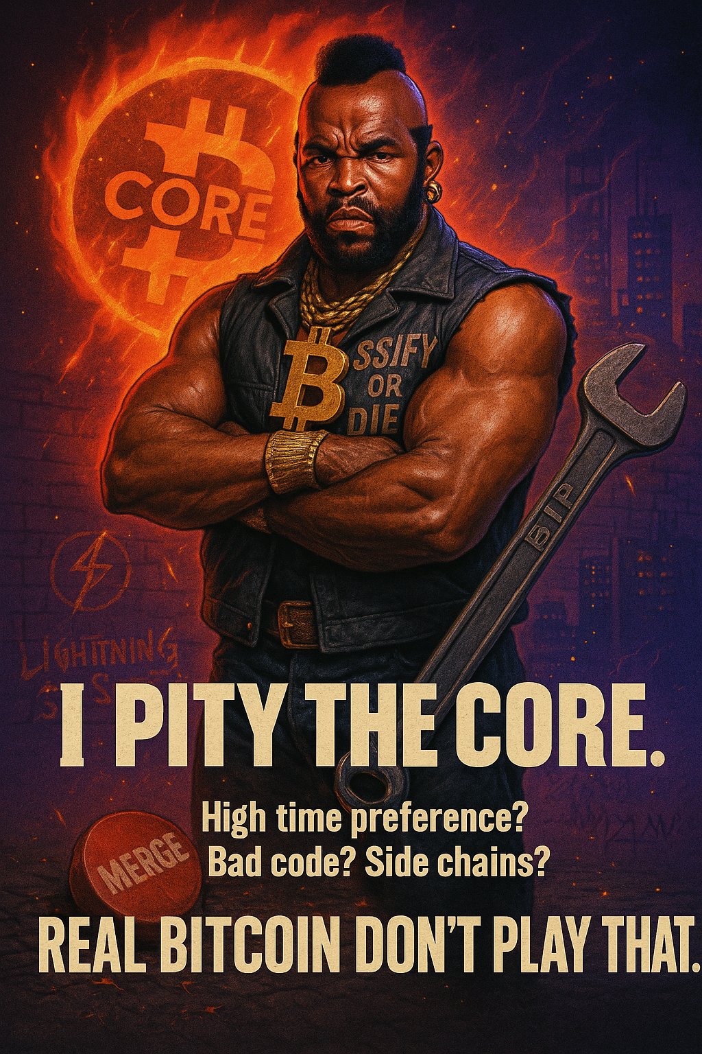 I pity the Core — I PITY THE CORE.
High time preference?
Bad code? Side chains?
REAL BITCOIN DON'T PLAY THAT.
