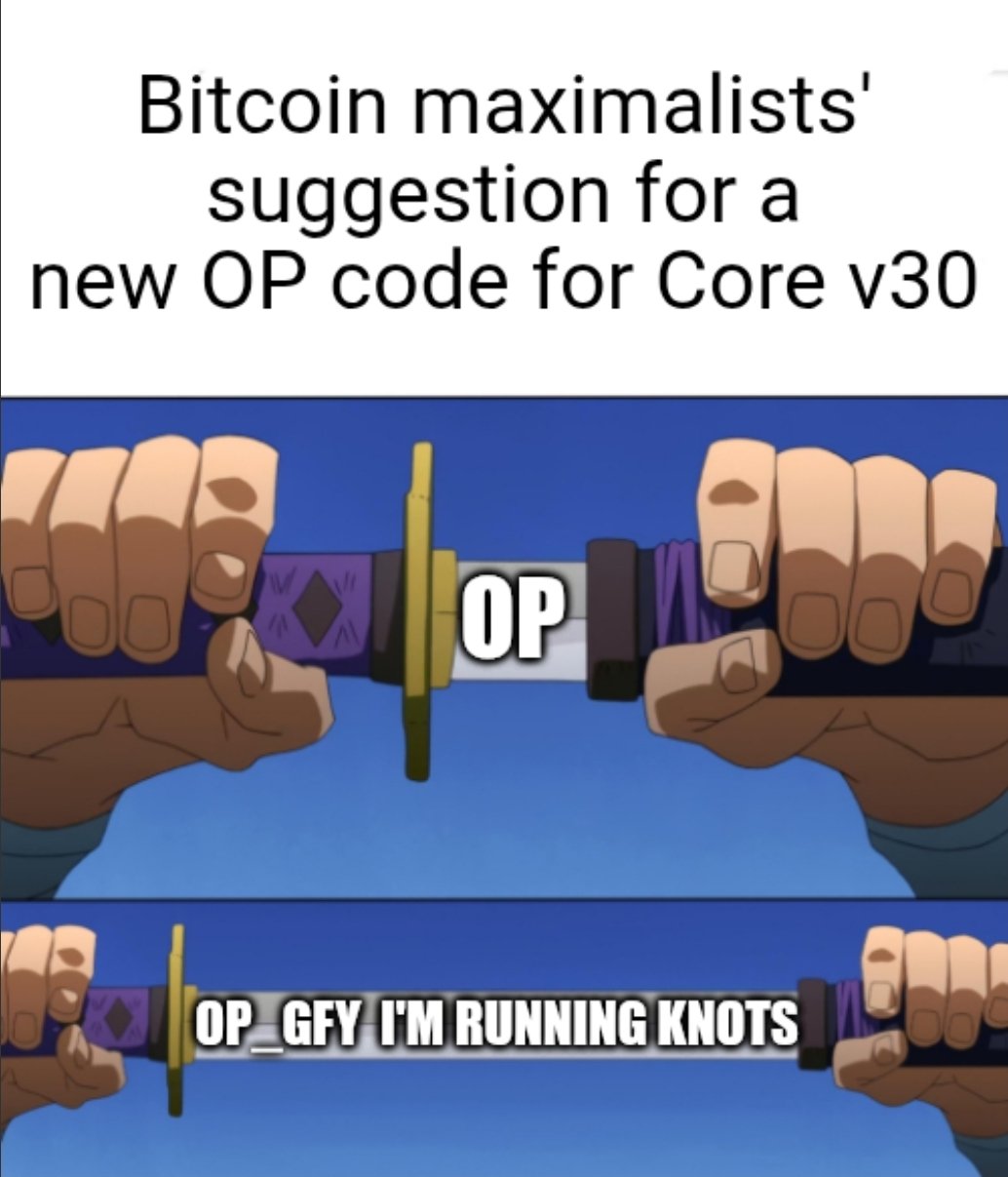 Bitcoin Maximalist's New OP Code Suggestion — Bitcoin maximalists' suggestion for a new OP code for Core v30
OP_GFY I'M RUNNING KNOTS