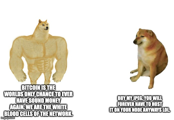 Humanities chance at freedom money now vs. then — Bitcoin is the worlds only chance at ever have sound money, again, we are the white blood cells of the network. 

Buy my jpeg, you will forever have to host it on your node anyw…